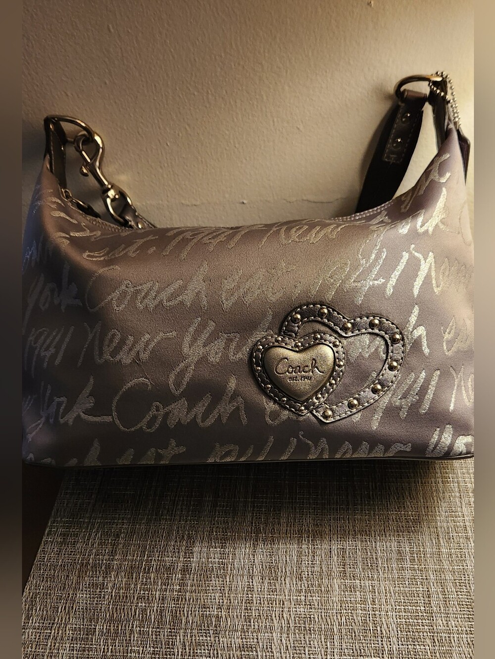 Coach Poppy Lurex Silver Grey  Script Hobo with Heart Emblem